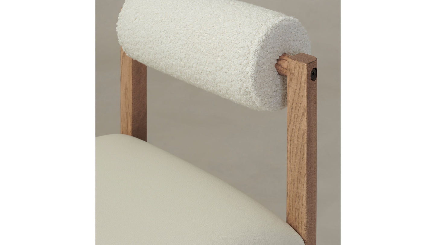 The Thayer  - Pebbled Leather Swan Seat Italian Bouclé White Bolster Bar and Counter Stool