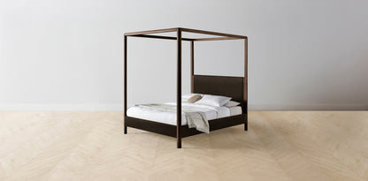 The Thompson  - Nubuck Leather Espresso Canopy Bed - 48" Headboard - Upholstered on reverse